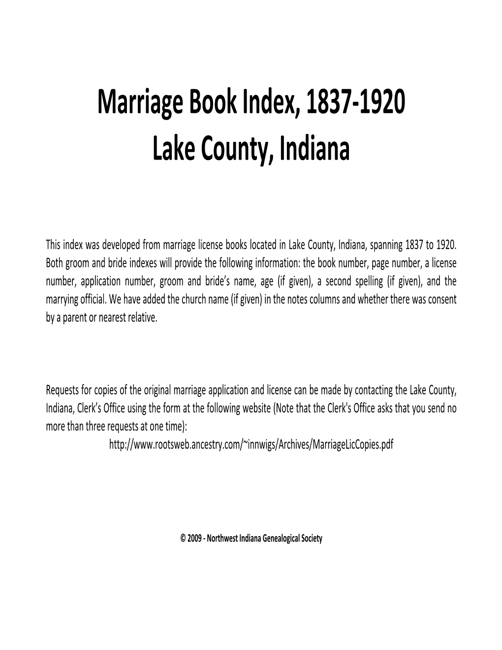 Marriage Book Index, 1837-1920 Lake County, Indiana