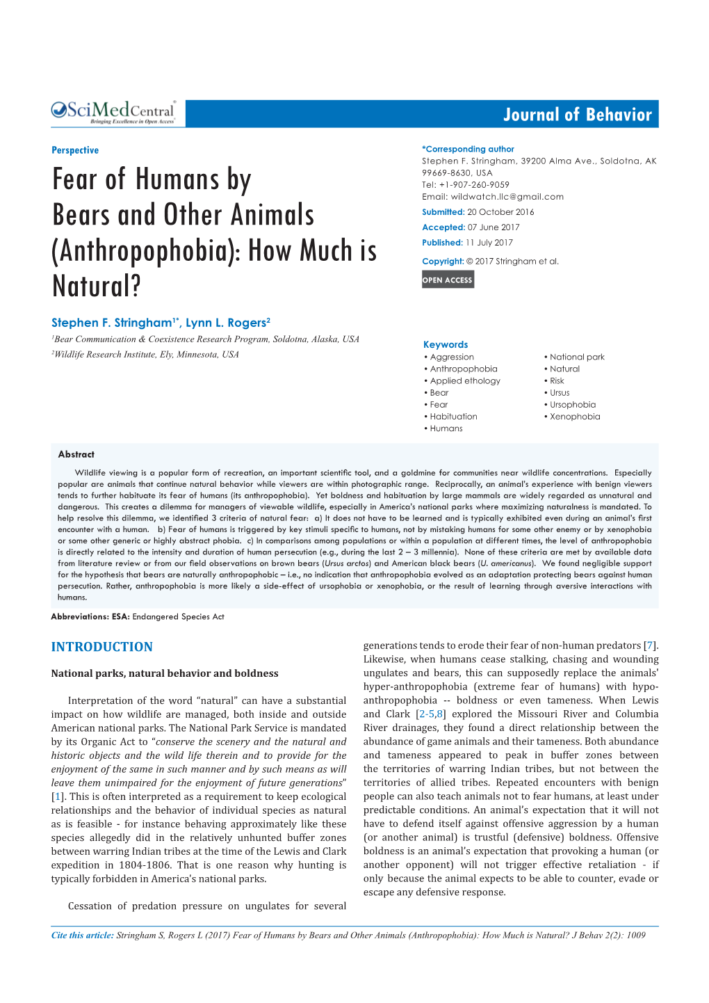 Fear of Humans by Bears and Other Animals (Anthropophobia): How Much Is Natural? J Behav 2(2): 1009 Stringham Et Al