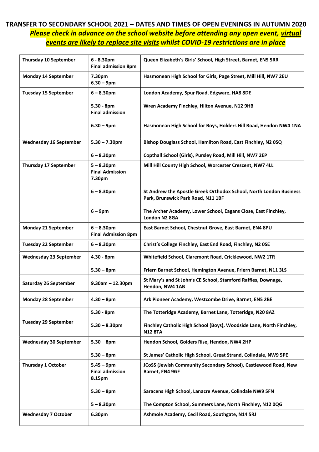 Open Evening Schedule