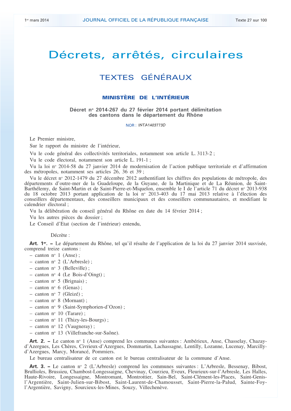 JOURNAL OFFICIEL DE LA RÉPUBLIQUE FRANÇAISE Texte 27 Sur 100