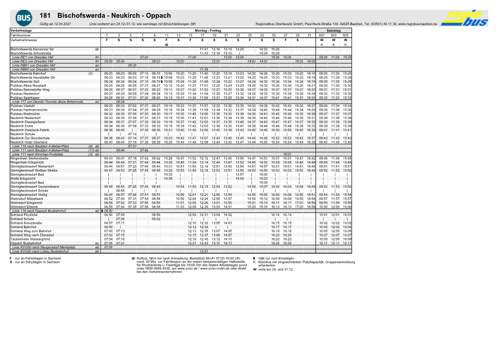 181 Bischofswerda - Neukirch - Oppach Gültig Ab 12.04.2021 Linie Verkehrt Am 24.12./31.12