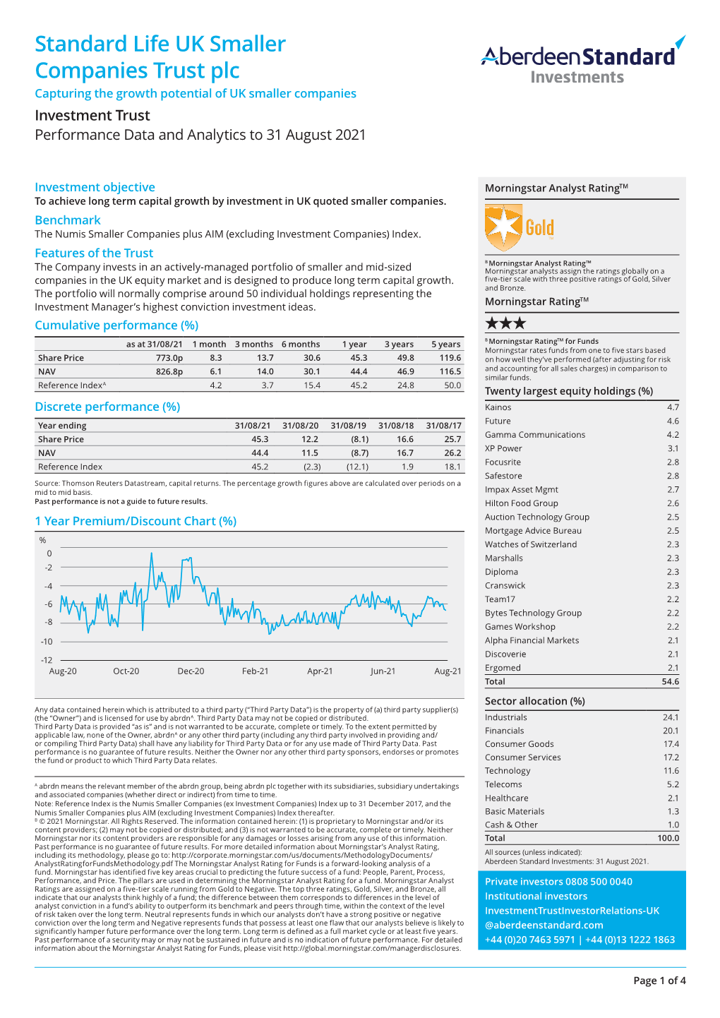 Standard Life UK Smaller Companies Trust Plc Capturing the Growth Potential of UK Smaller Companies Investment Trust Performance Data and Analytics to 31 August 2021