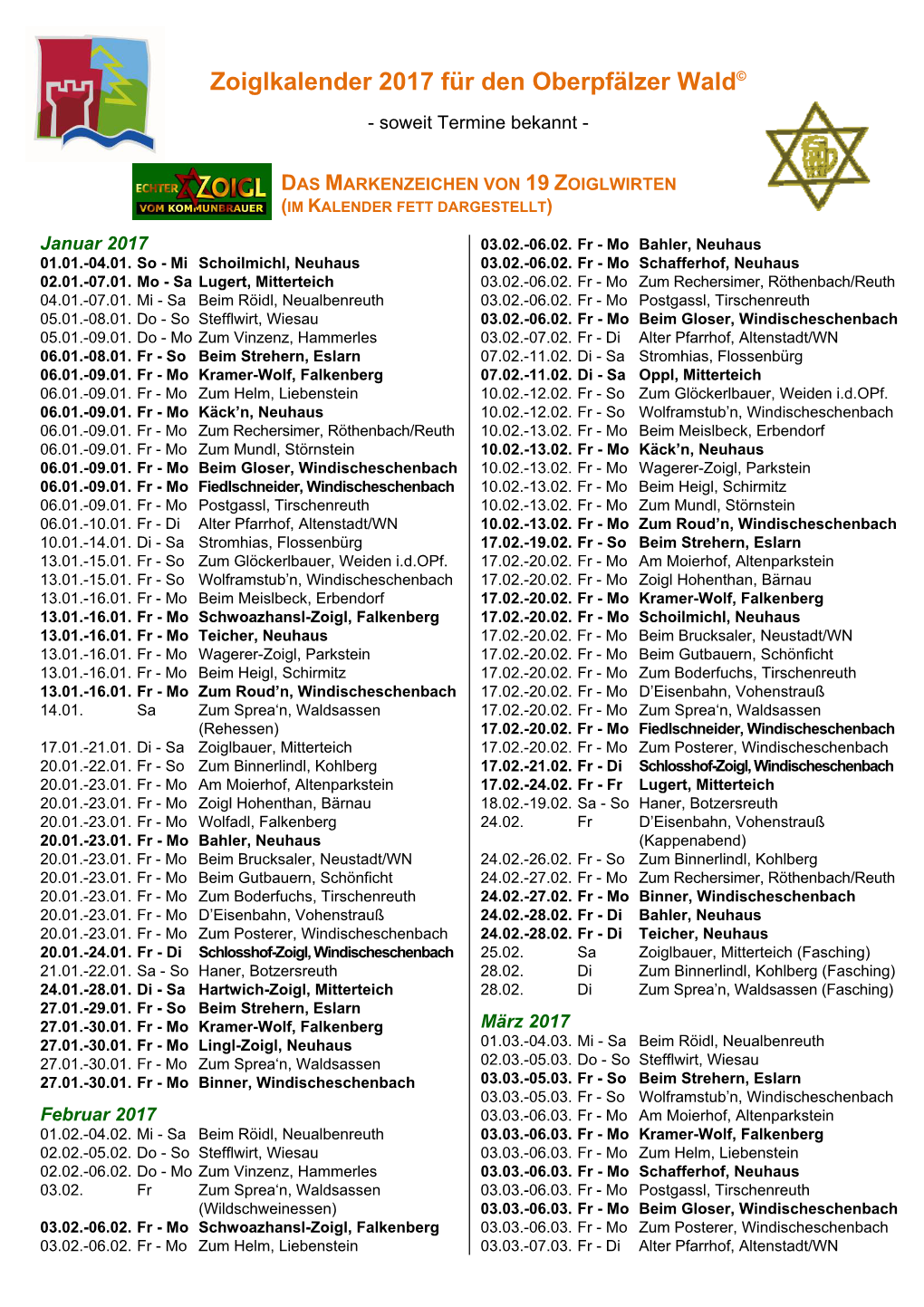 Zoiglkalender 2017 Für Den Oberpfälzer Wald©