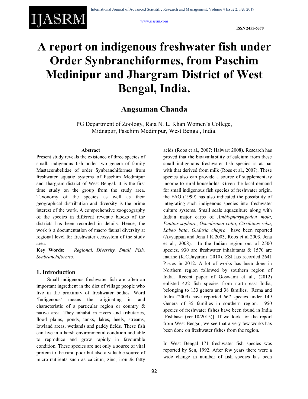 A Report on Indigenous Freshwater Fish Under Order Synbranchiformes, from Paschim Medinipur and Jhargram District of West Bengal, India