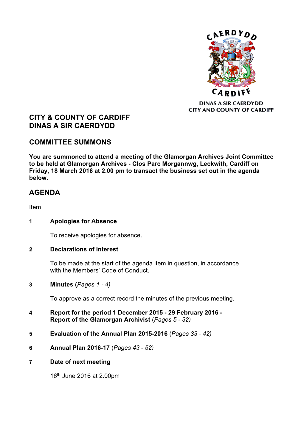 (Public Pack)Agenda Document for Glamorgan Archives Joint