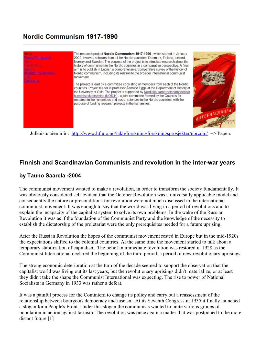 Finnish and Scandinavian Communists and Revolution in the Inter-War Years by Tauno Saarela -2004