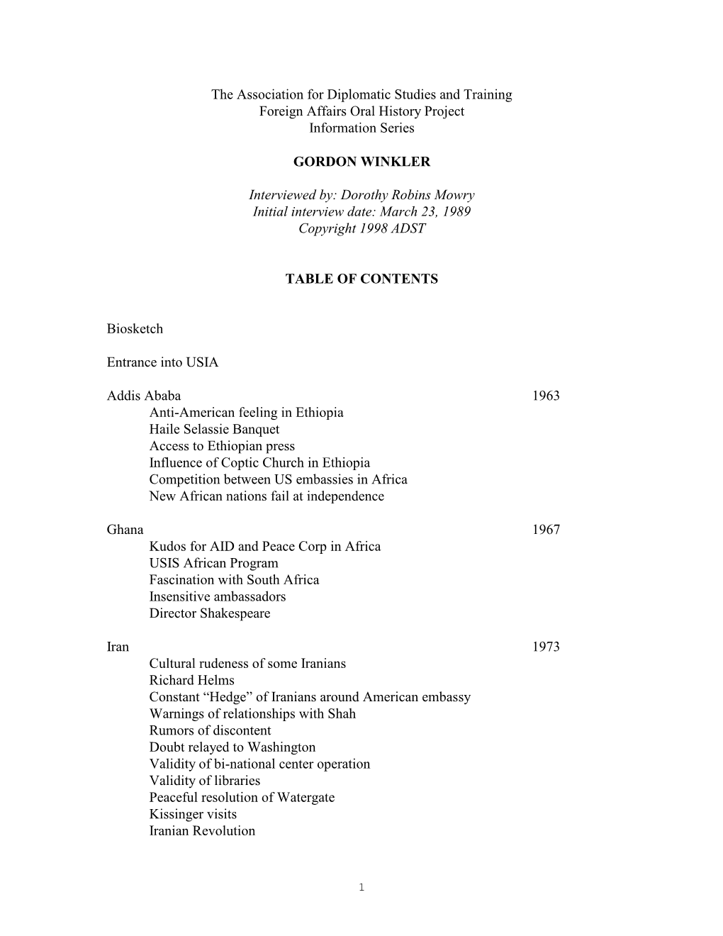 The Association for Diplomatic Studies and Training Foreign Affairs Oral History Project Information Series