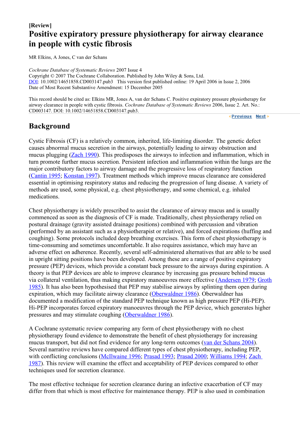 Review Positive Expiratory Pressure Physiotherapy for Airway Clearance in People With