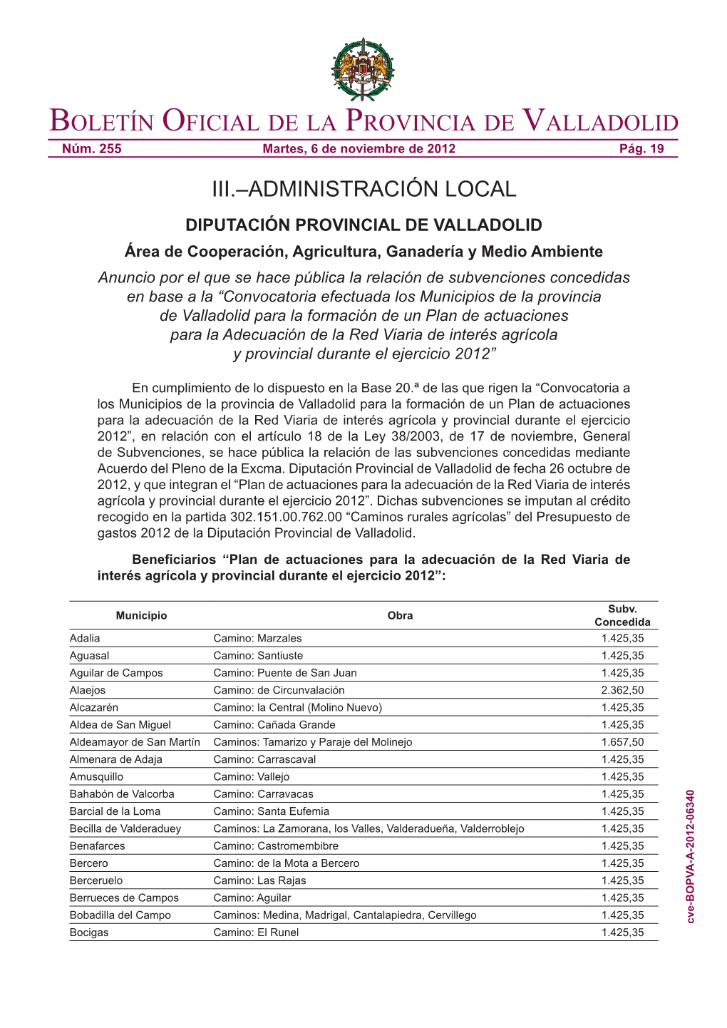 Boletín Oficial De La Provincia De Valladolid Núm