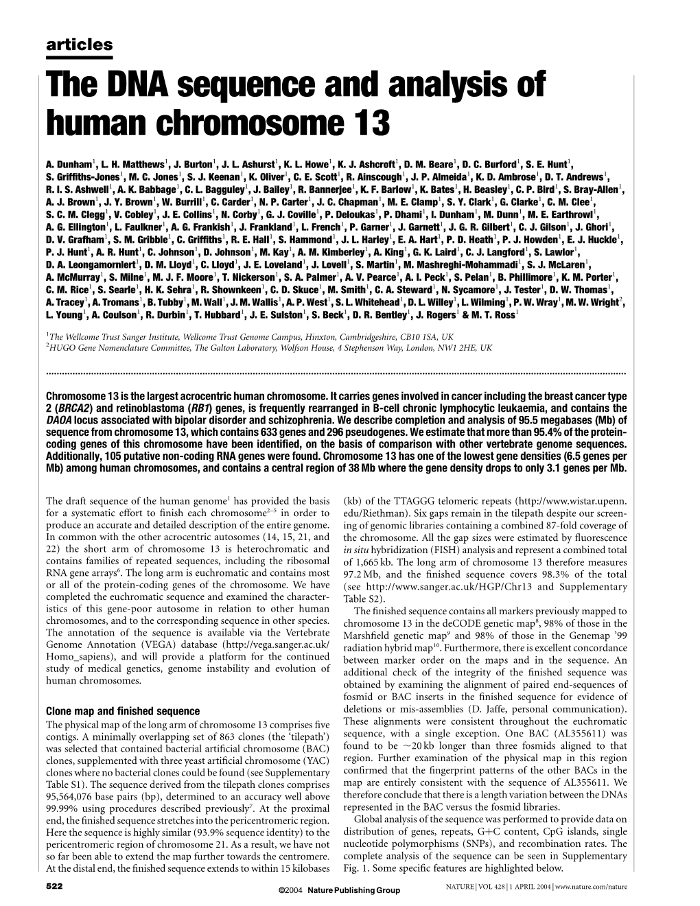 The DNA Sequence and Analysis of Human Chromosome 13