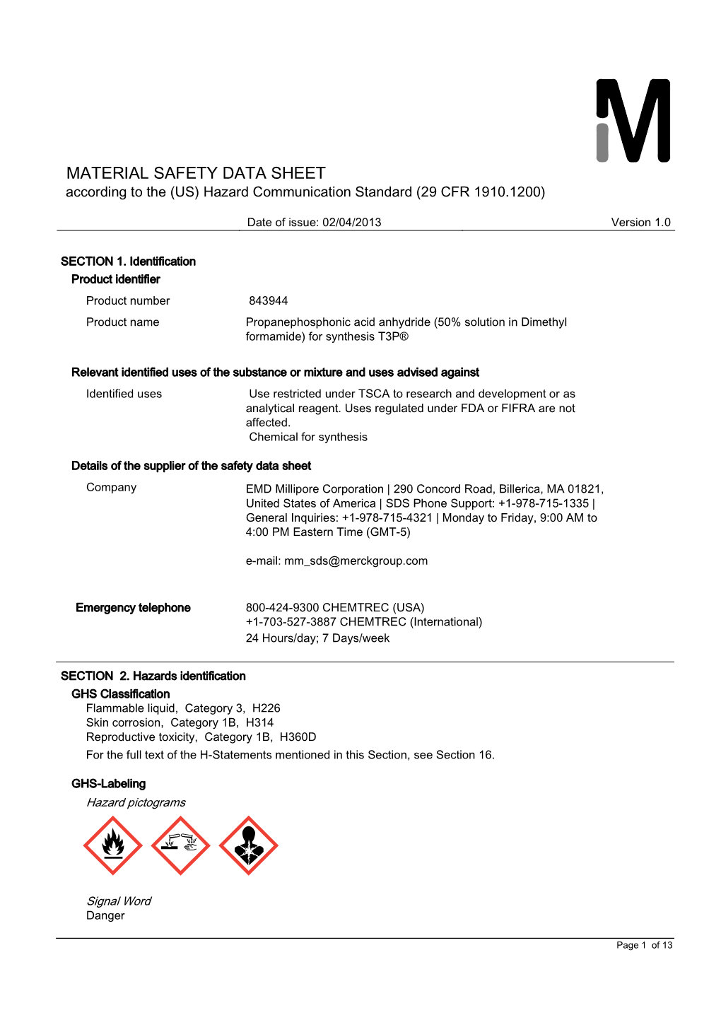 MATERIAL SAFETY DATA SHEET According to the (US) Hazard Communication Standard (29 CFR 1910.1200)