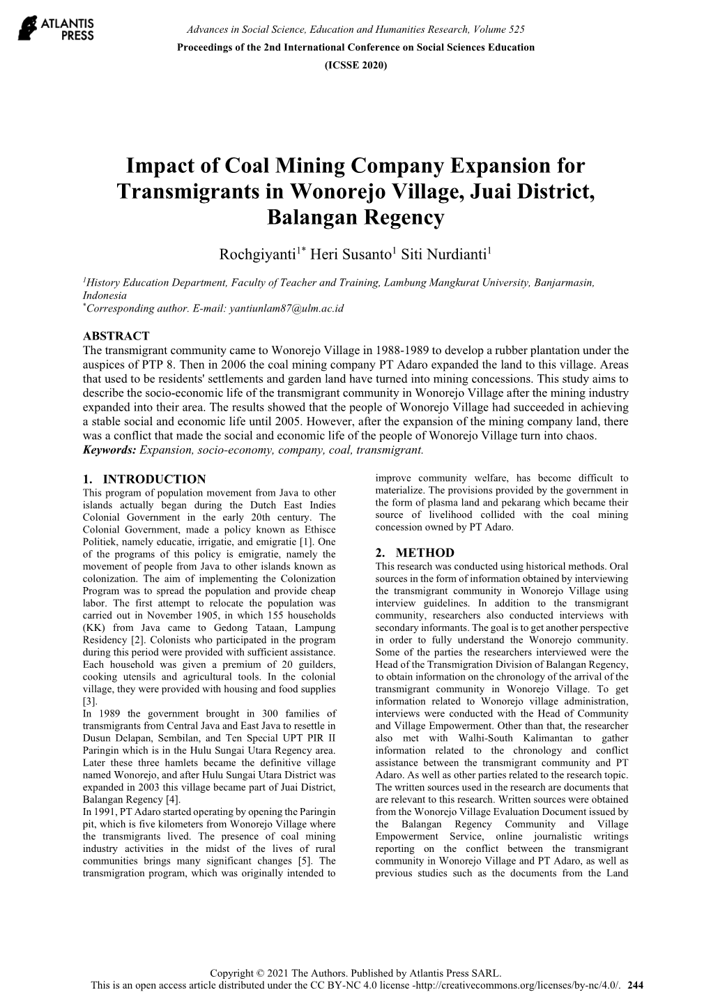 Impact of Coal Mining Company Expansion for Transmigrants in Wonorejo Village, Juai District, Balangan Regency