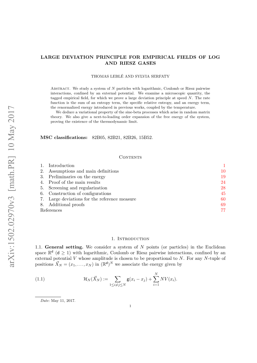 Arxiv:1502.02970V3 [Math.PR] 10 May 2017 R