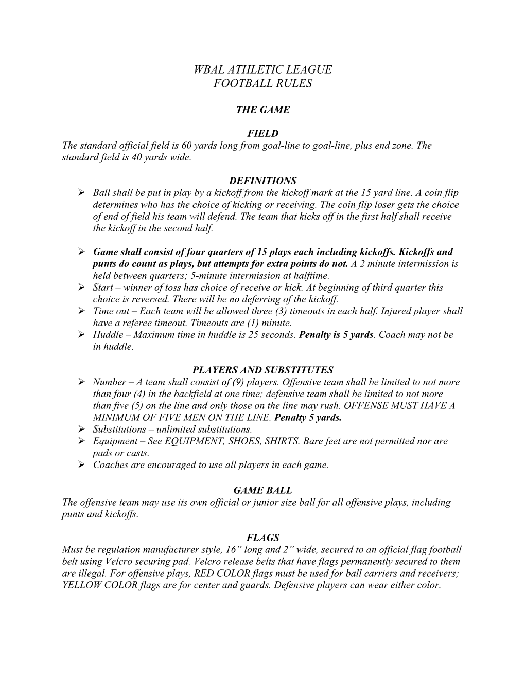 Wbal Athletic League Football Rules