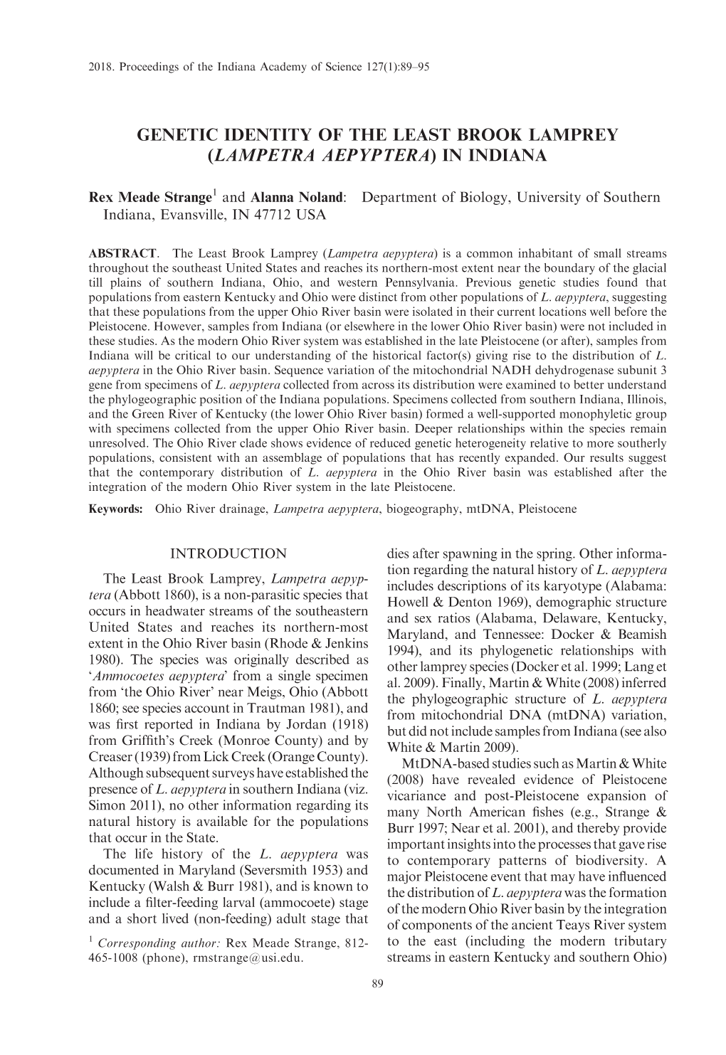 Genetic Identity of the Least Brook Lamprey (Lampetra Aepyptera) in Indiana