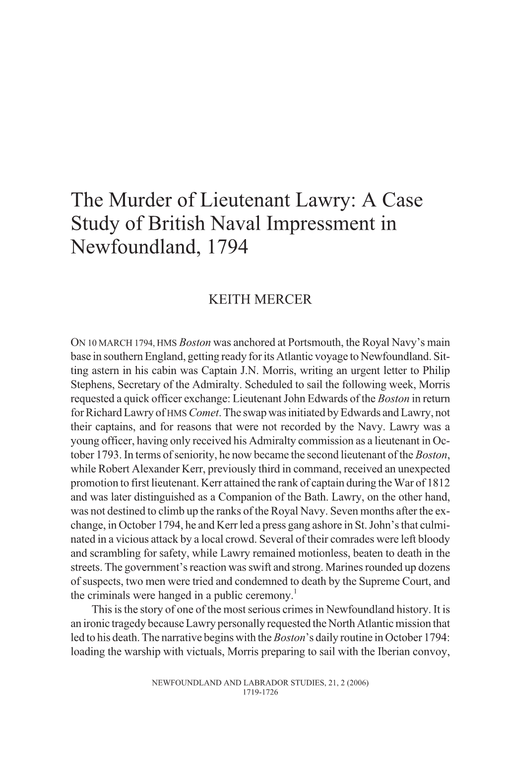 A Case Study of British Naval Impressment in Newfoundland, 1794