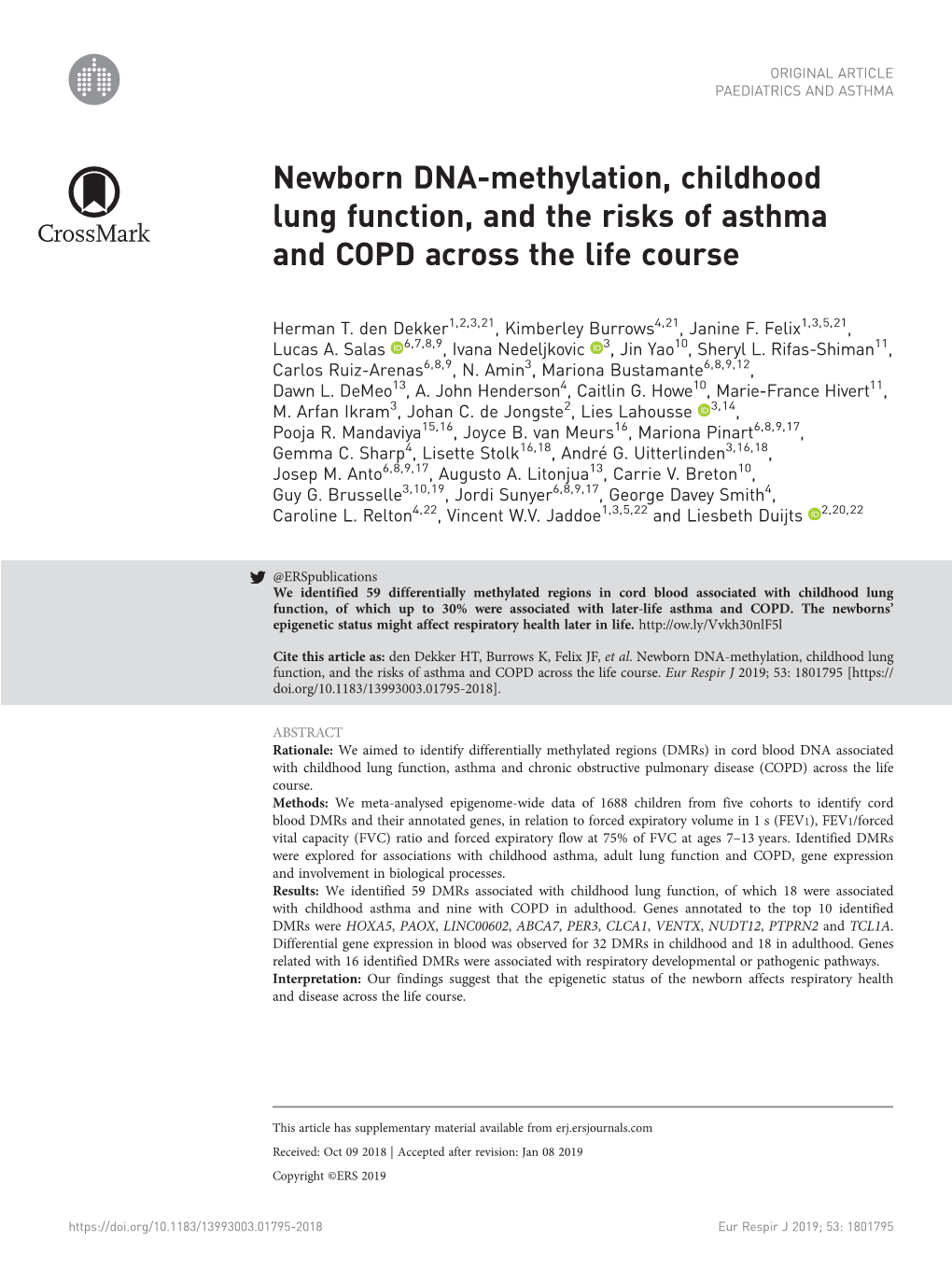 Newborn DNA-Methylation, Childhood Lung Function, and the Risks of Asthma and COPD Across the Life Course