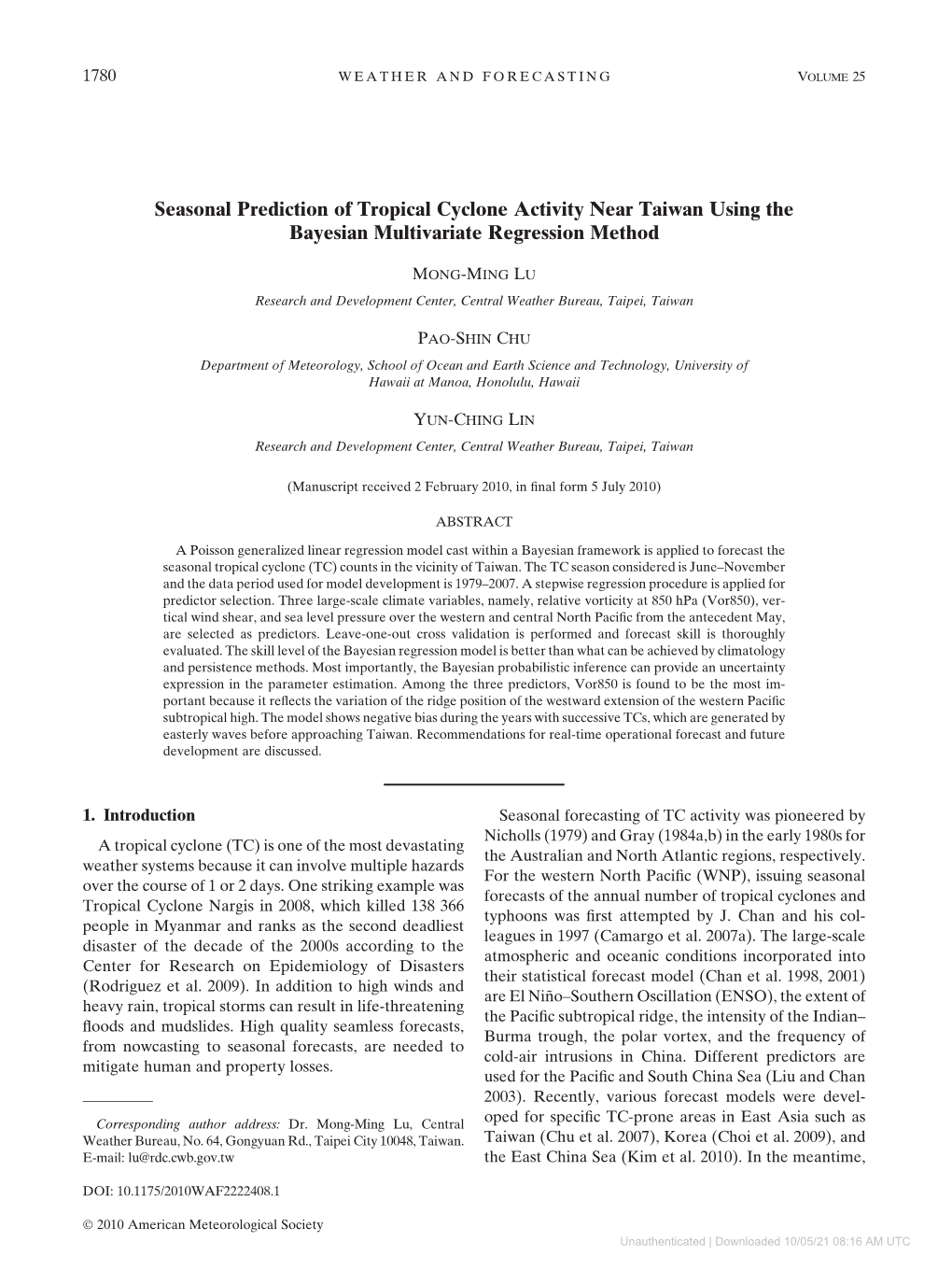 Seasonal Prediction of Tropical Cyclone Activity Near Taiwan Using the Bayesian Multivariate Regression Method