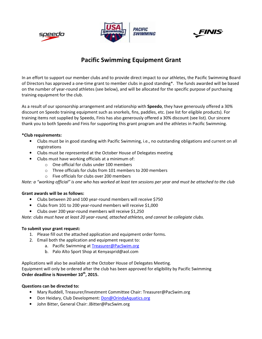 Pacific Swimming Equipment Grant
