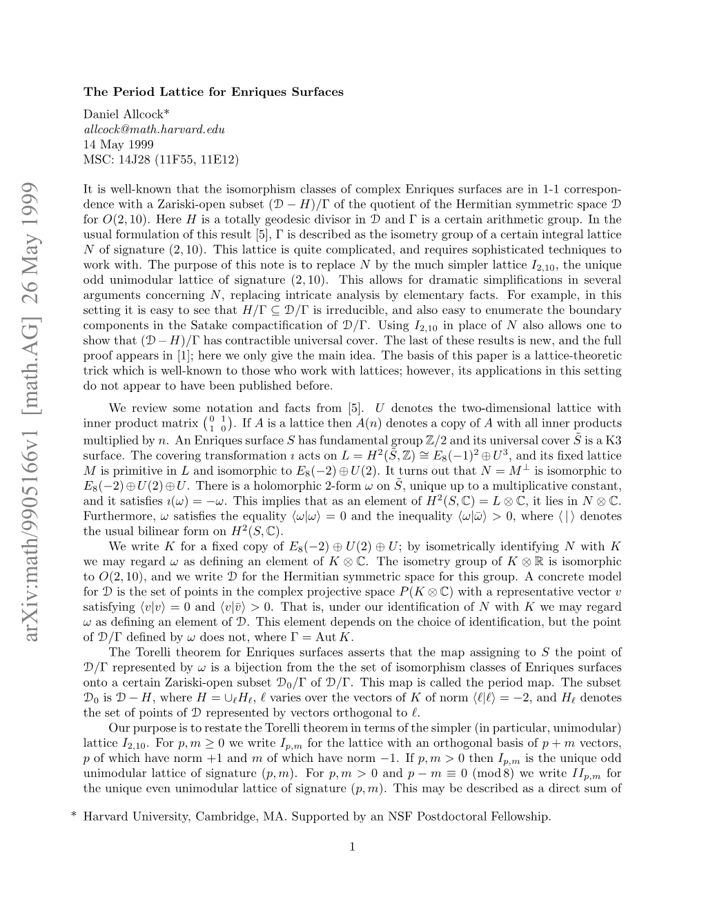 [Math.AG] 26 May 1999 Avr Nvriy Abig,M.Spotdb Nnfpos NSF an by Supported MA