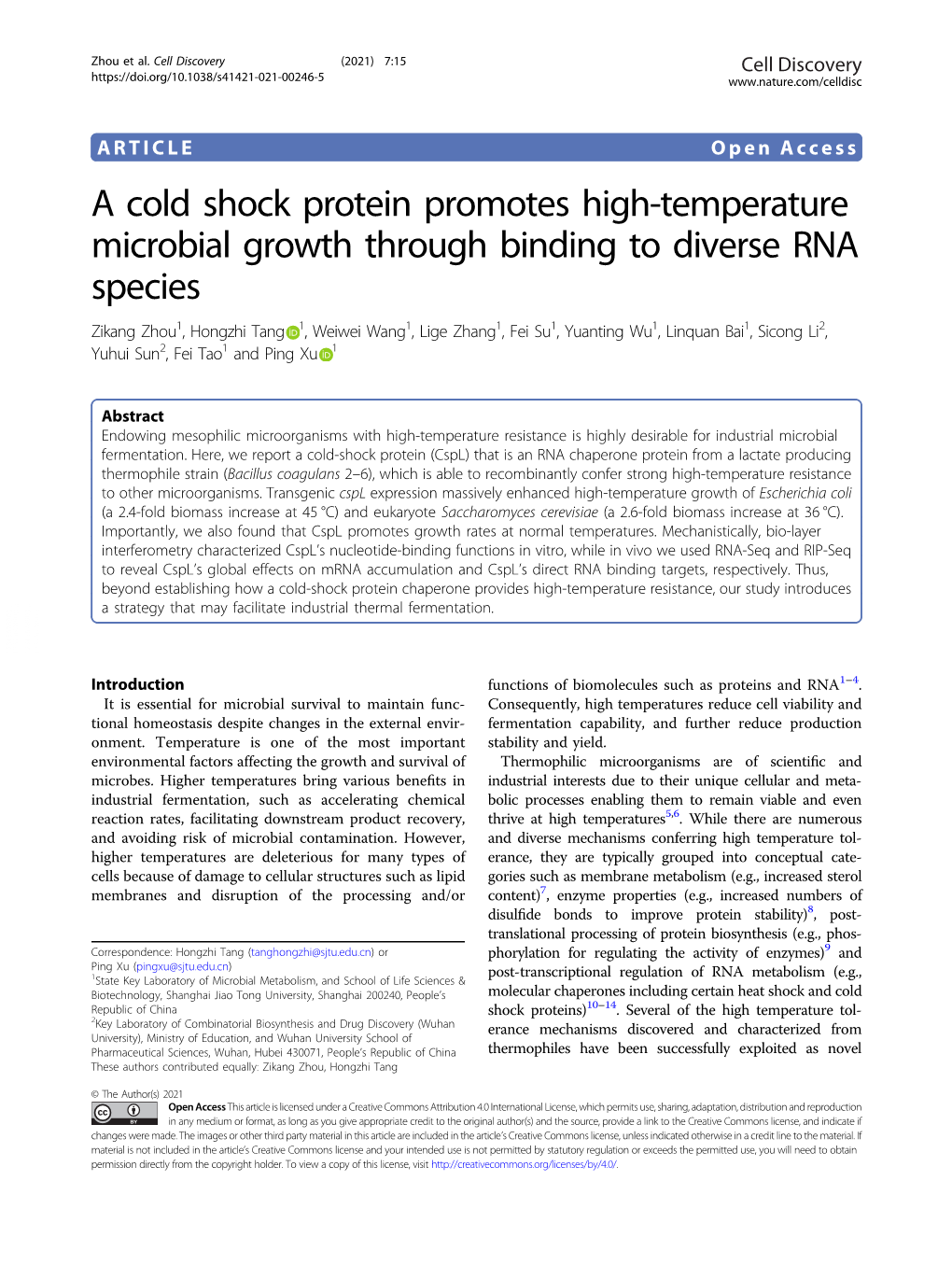 A Cold Shock Protein Promotes High-Temperature Microbial Growth