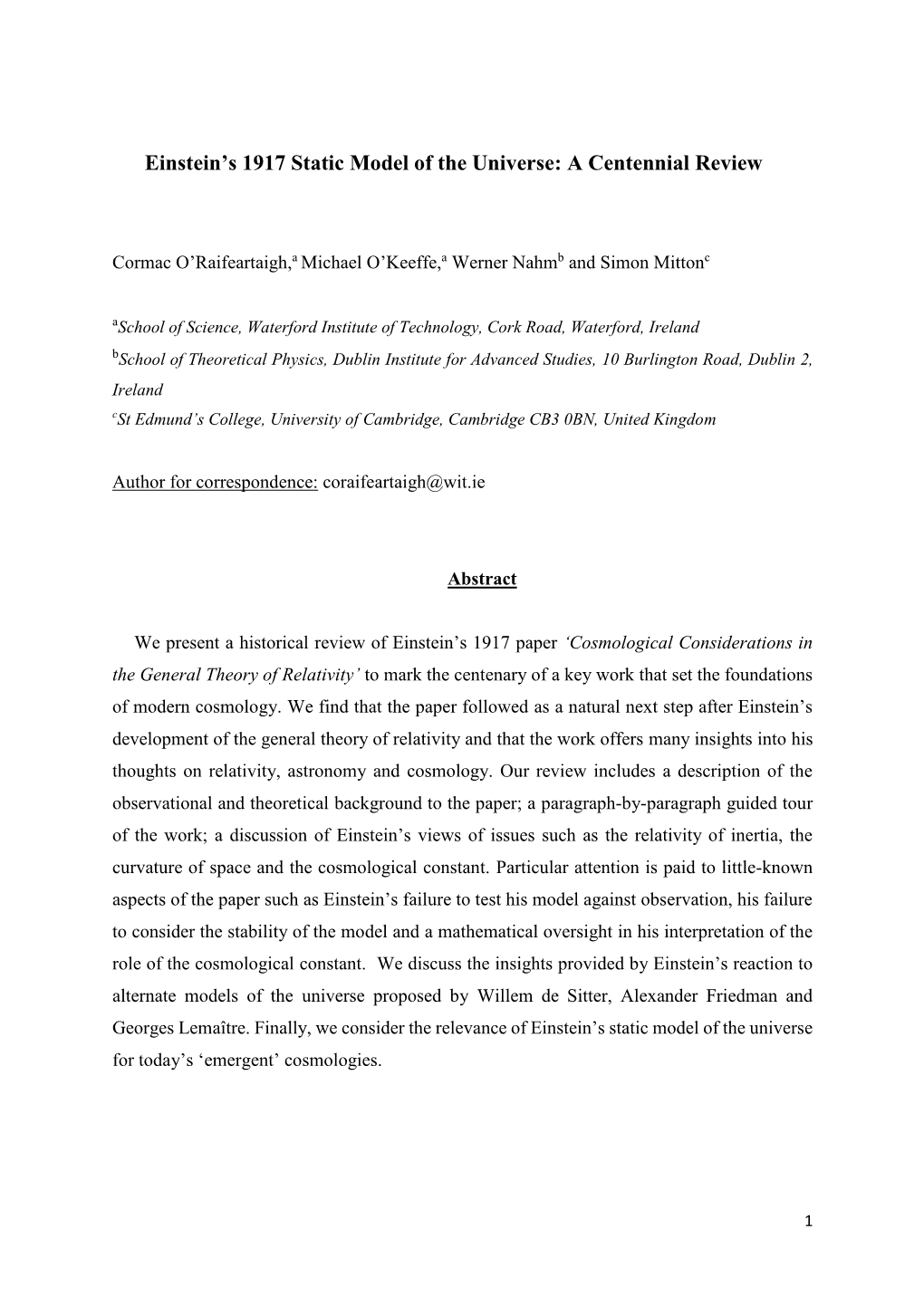 Einstein's 1917 Static Model of the Universe: a Centennial Review