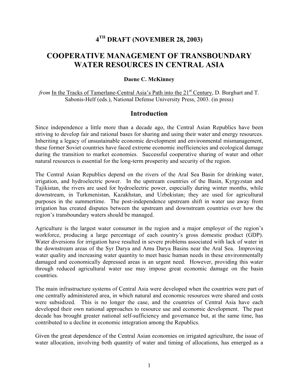 Cooperative Management of Transboundary Water Resources in Central Asia