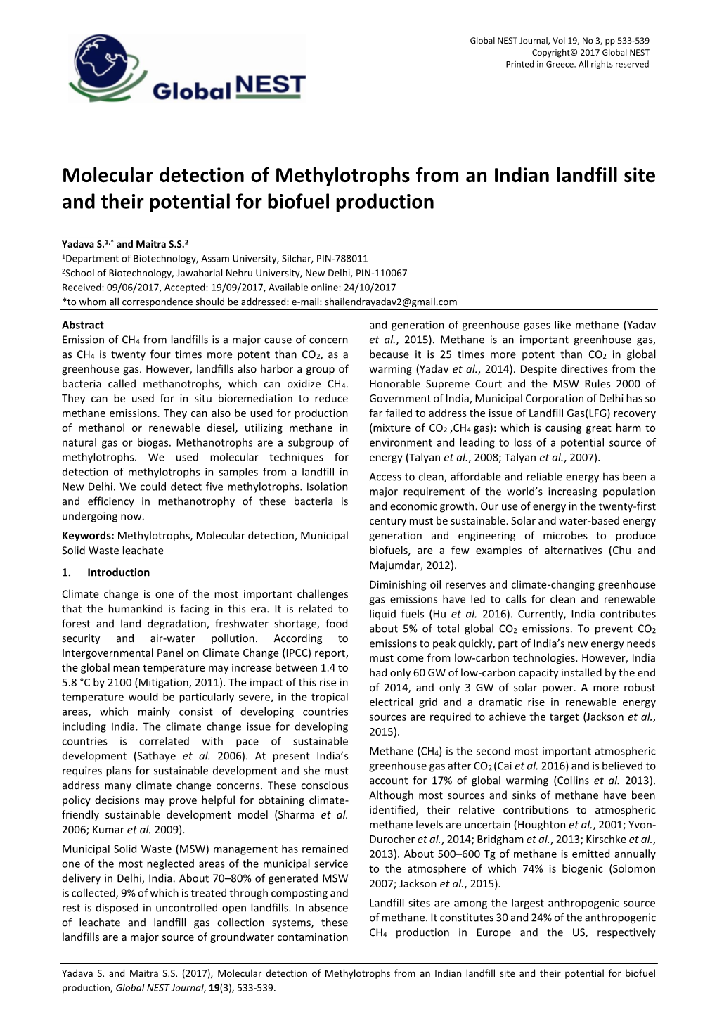 Molecular Detection of Methylotrophs from an Indian Landfill Site and Their Potential for Biofuel Production