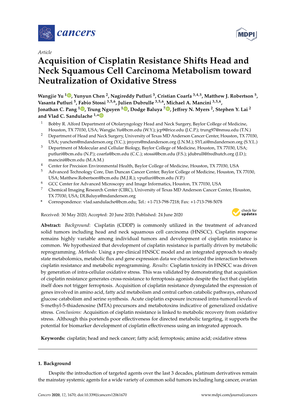 Acquisition of Cisplatin Resistance Shifts Head and Neck Squamous Cell Carcinoma Metabolism Toward Neutralization of Oxidative Stress