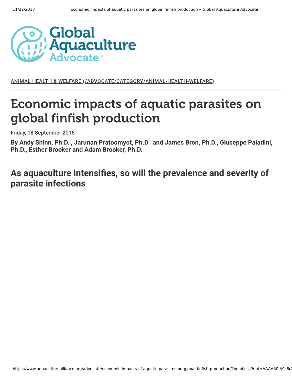 Economic Impacts of Aquatic Parasites on Global Finfish Production « Global Aquaculture Advocate