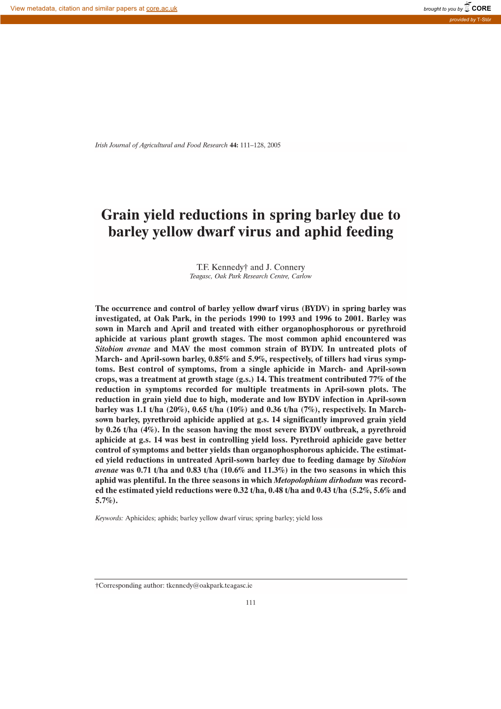 Grain Yield Reductions in Spring Barley Due to Barley Yellow Dwarf Virus and Aphid Feeding