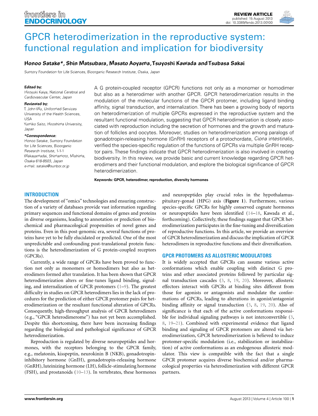 GPCR Heterodimerization in the Reproductive System: Functional Regulation and Implication for Biodiversity