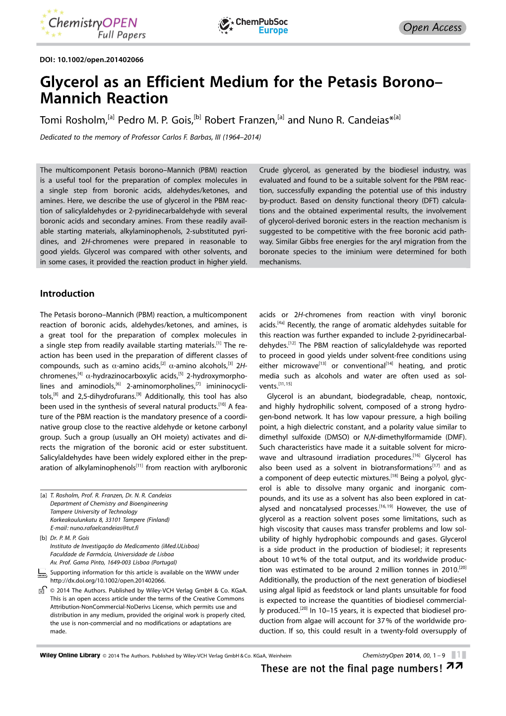 Glycerol As an Efficient Medium for the Petasis Boronomannich Reaction