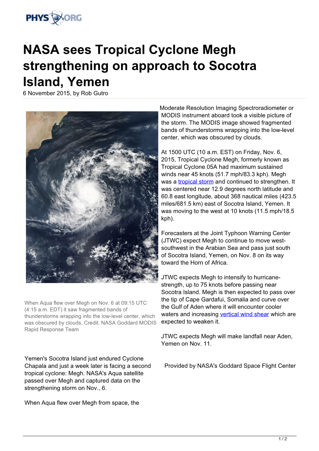 NASA Sees Tropical Cyclone Megh Strengthening on Approach to Socotra Island, Yemen 6 November 2015, by Rob Gutro