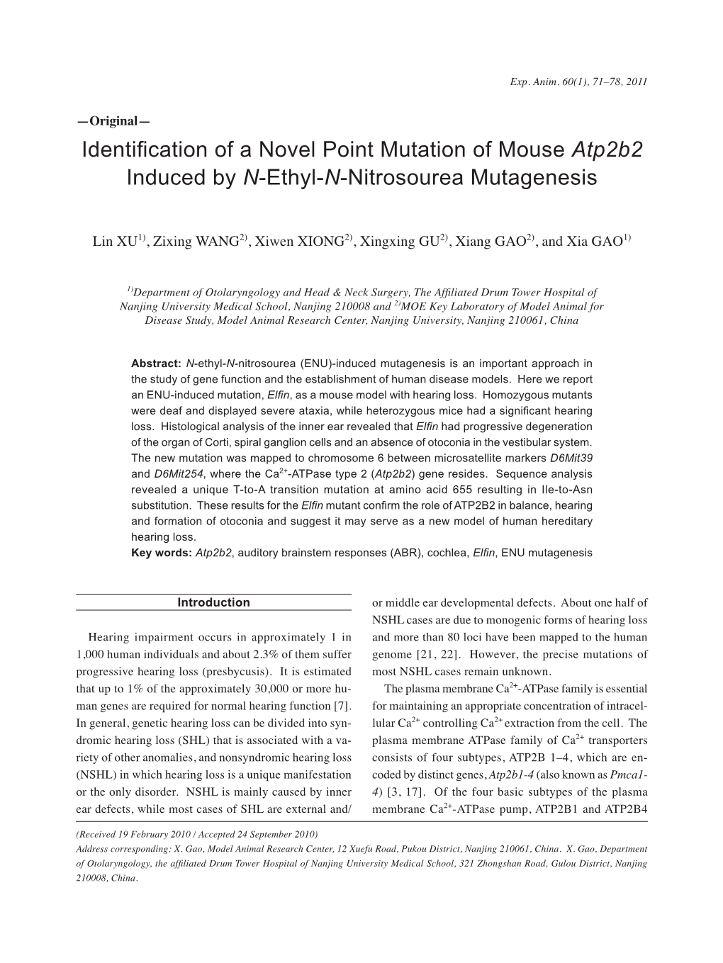 Identification of a Novel Point Mutation of Mouse Atp2b2 Induced by N