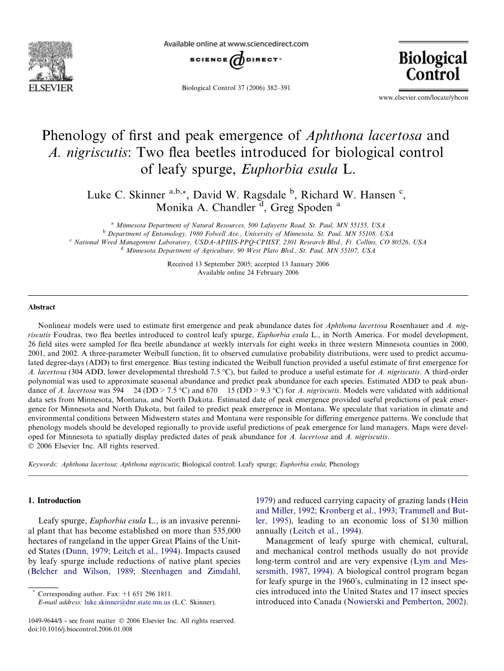 Phenology of First and Peak Emergence of Aphthona Lacertosa