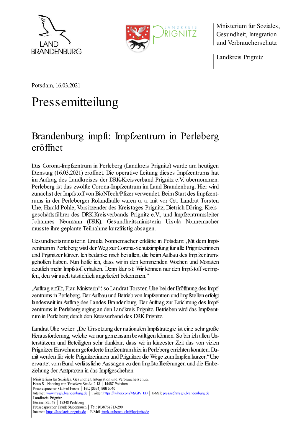 Impfzentrum in Perleberg Eröffnet (Pressemitteilung Vom 16.03.2021)