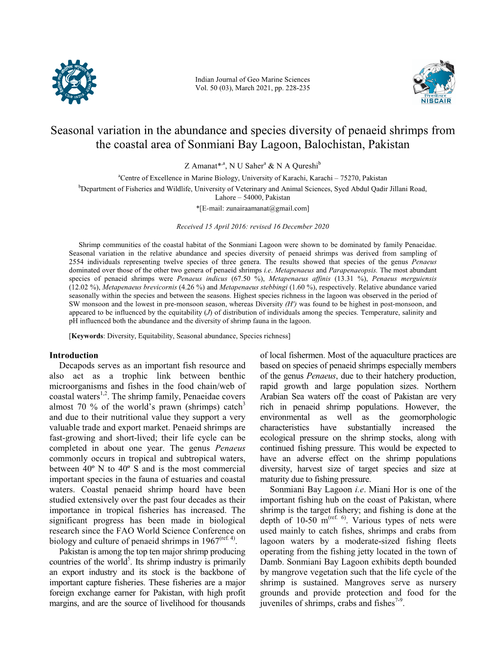 Seasonal Variation in the Abundance and Species Diversity of Penaeid Shrimps from the Coastal Area of Sonmiani Bay Lagoon, Balochistan, Pakistan