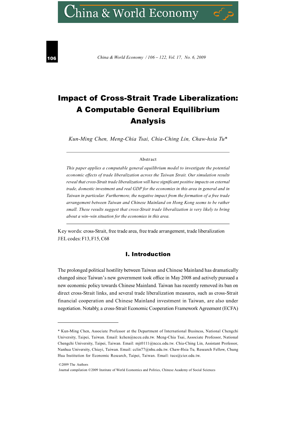 Impact of Crossstrait Trade Liberalization: a Computable