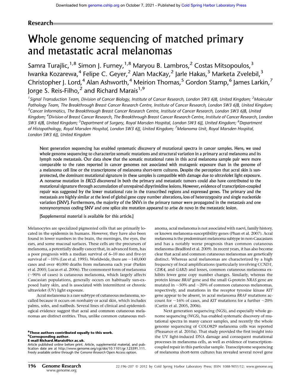 Whole Genome Sequencing of Matched Primary and Metastatic Acral Melanomas