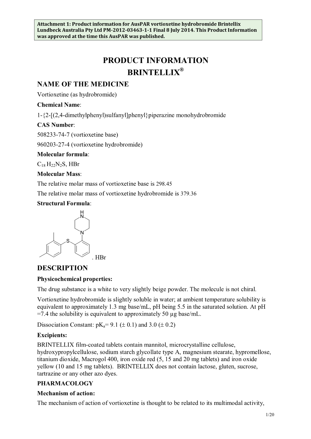 Attachment 1. Product Information for Vortioxetine Hydrobromide Brintellix