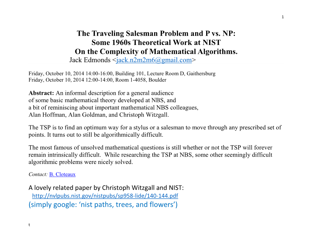 The Traveling Salesman Problem and P Vs. NP: Some 1960S Theoretical Work at NIST on the Complexity of Mathematical Algorithms