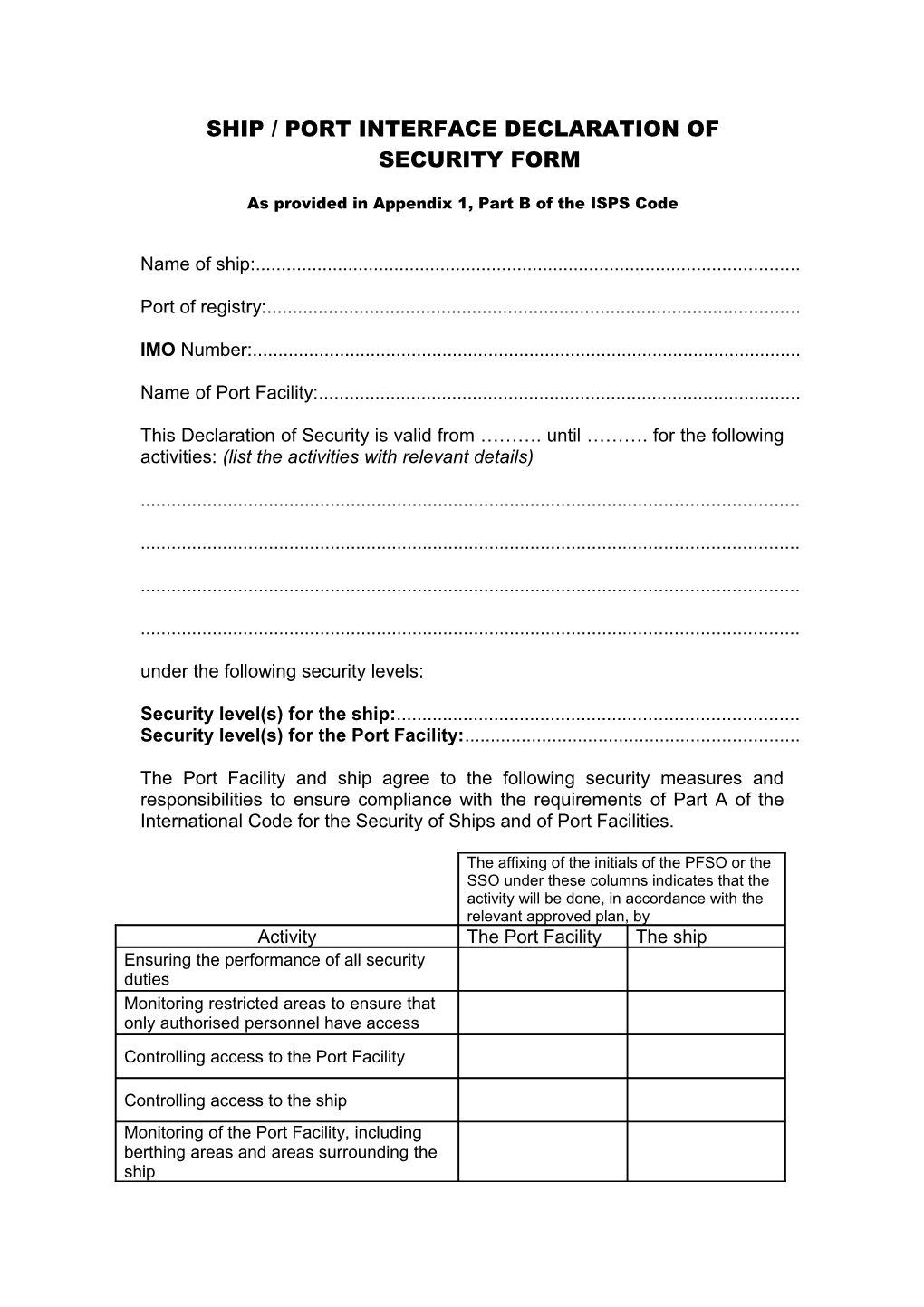 Ship / Port Interface Declaration of Security Form