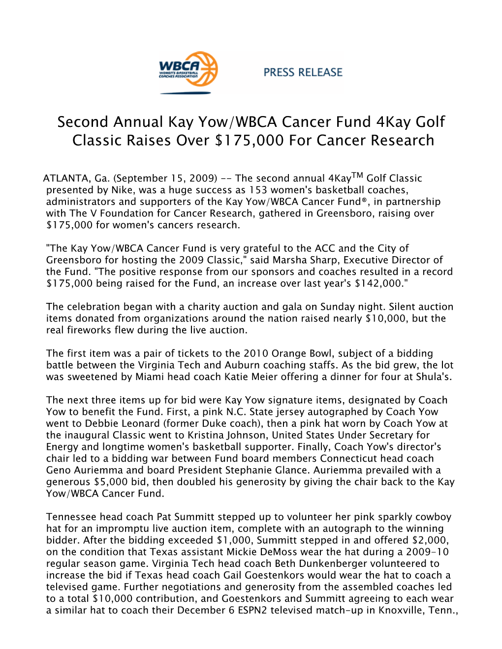 Second Annual Kay Yow/WBCA Cancer Fund 4Kay Golf Classic Raises Over $175,000 for Cancer Research