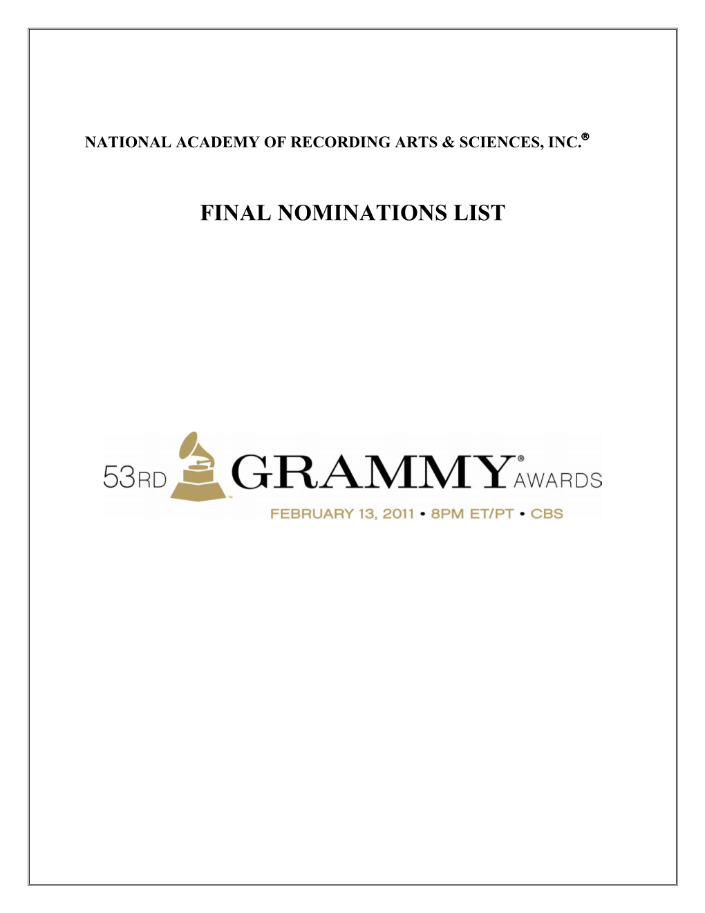 Final Nominations List, 53Rd Grammy Awards