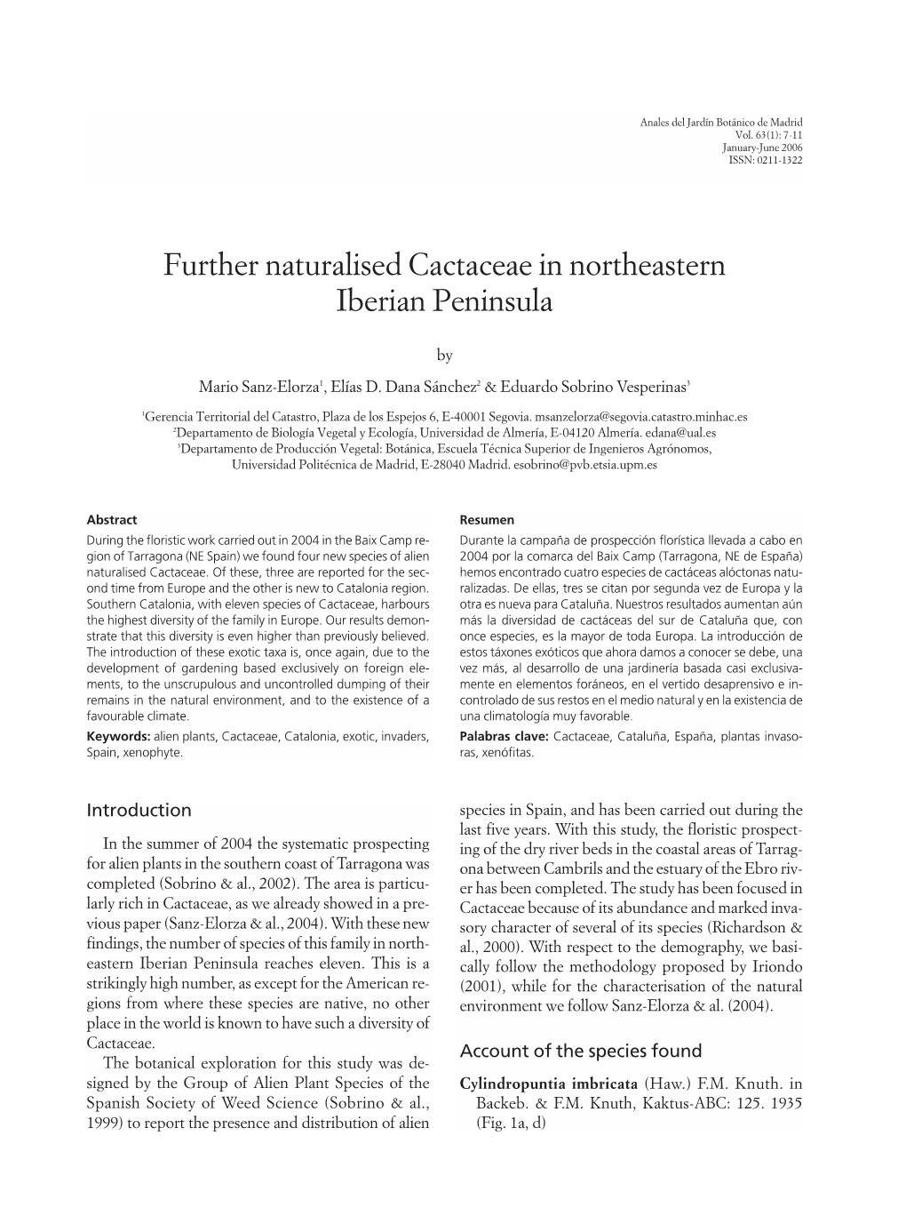 Further Naturalised Cactaceae in Northeastern Iberian Peninsula