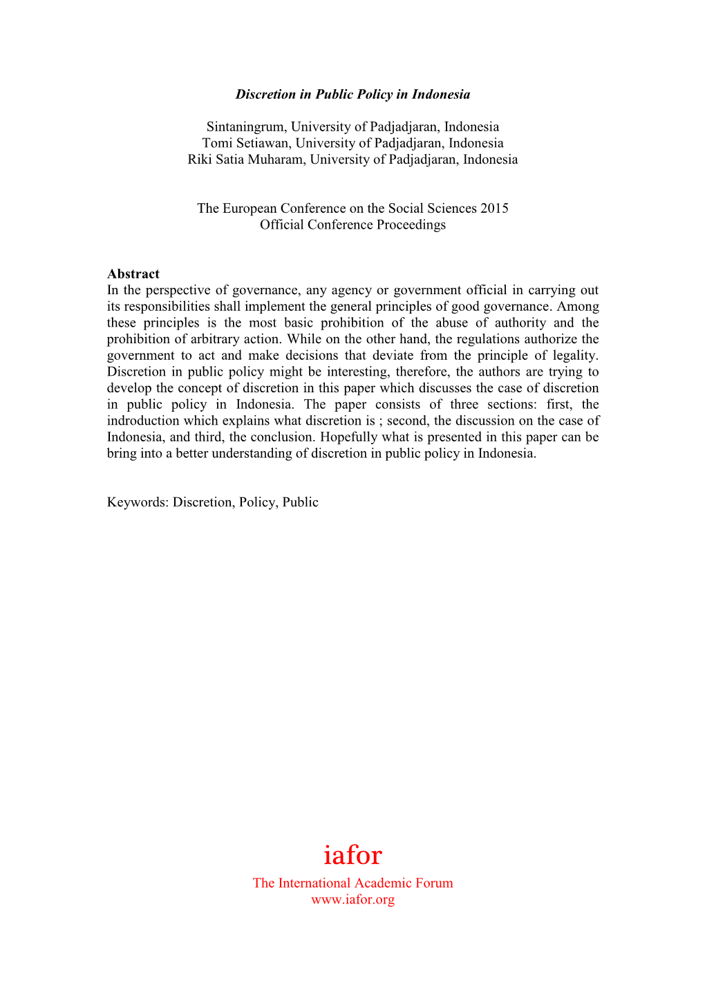 Discretion in Public Policy in Indonesia Sintaningrum, University