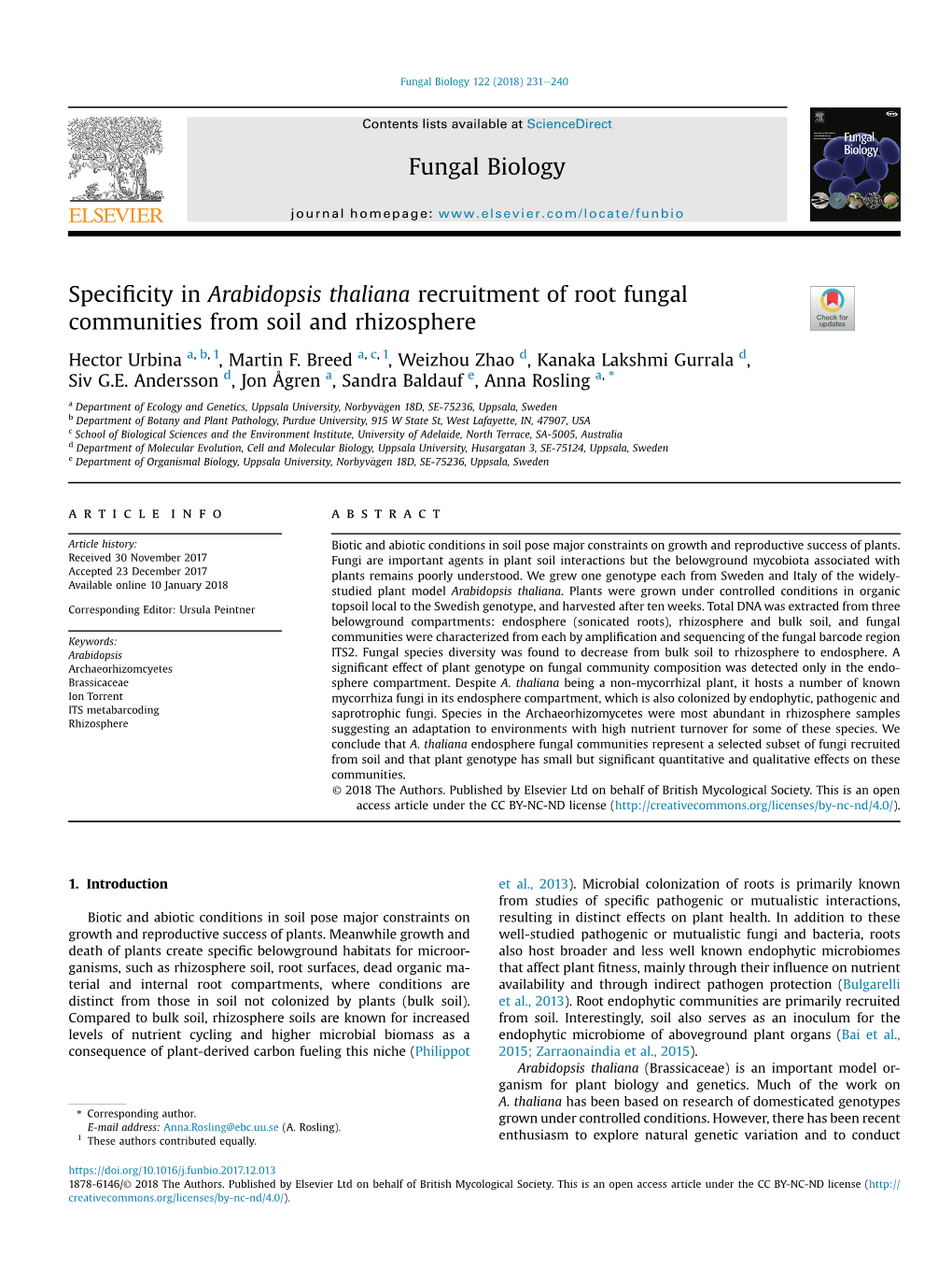 Specificity in Arabidopsis Thaliana Recruitment of Root Fungal