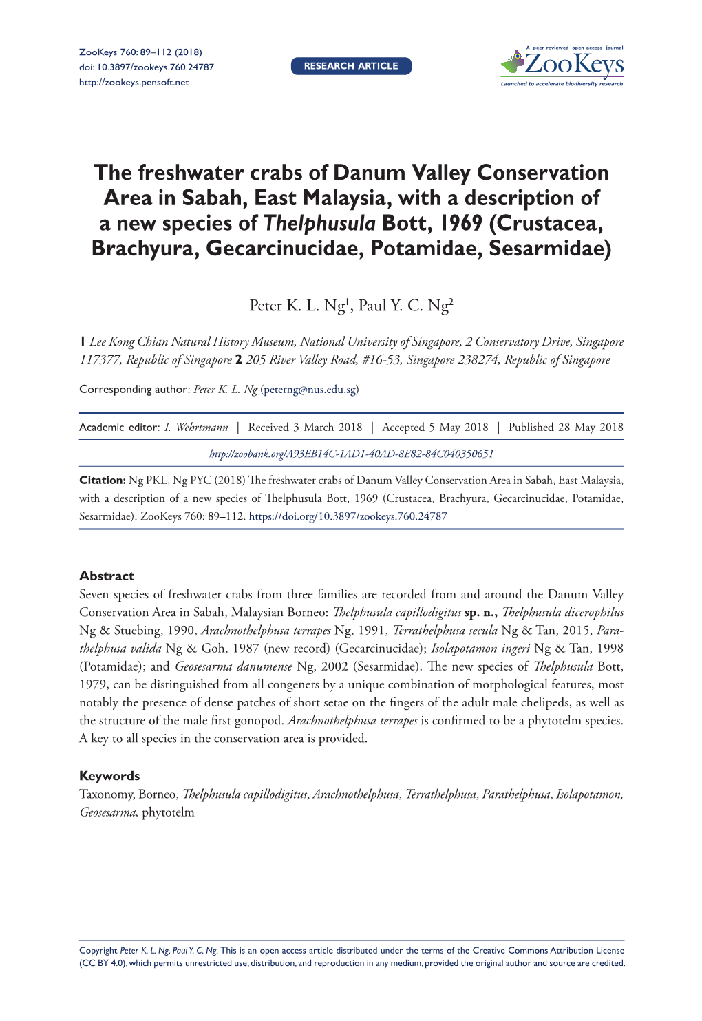 The Freshwater Crabs of Danum Valley Conservation Area in Sabah, East