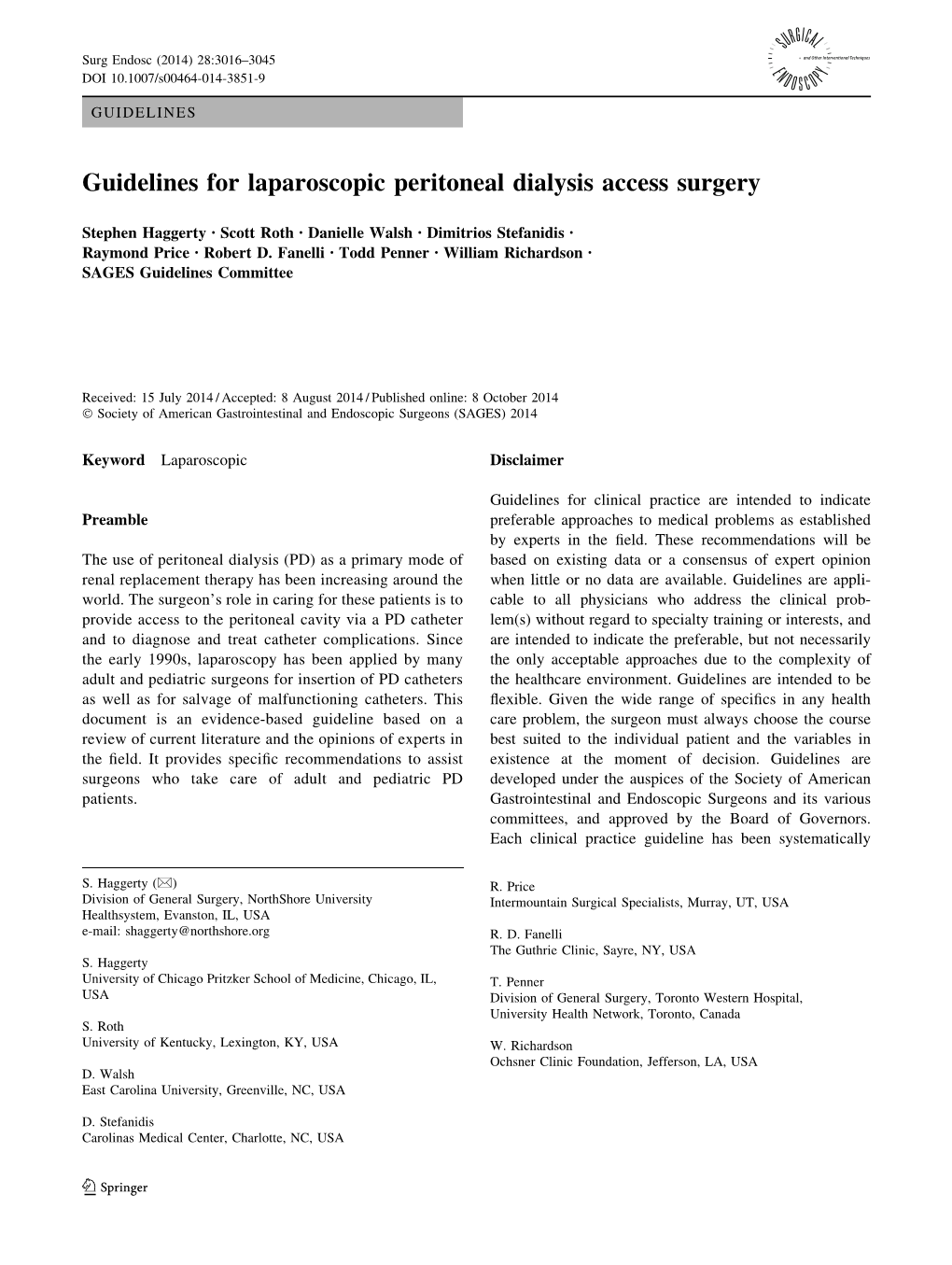 Guidelines for Laparoscopic Peritoneal Dialysis Access Surgery